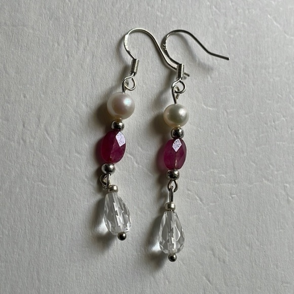Real pearl Ruby Stone Sterling Silver Genuine pearls SS 925 earrings - Picture 11 of 16